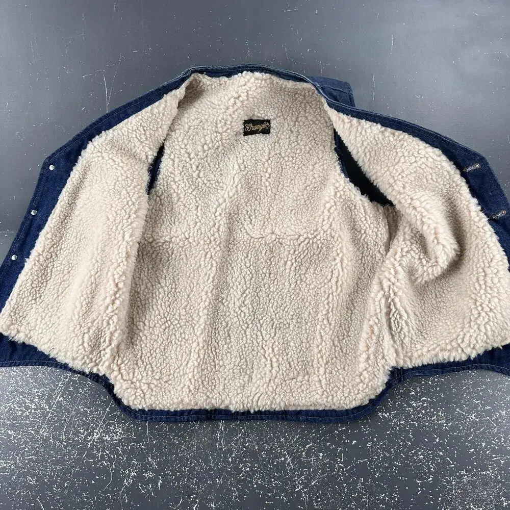 VTG Wrangler Denim Vest Womens Large Mens Small Dark Wash Sherpa Lined Western - Picture 7 of 7